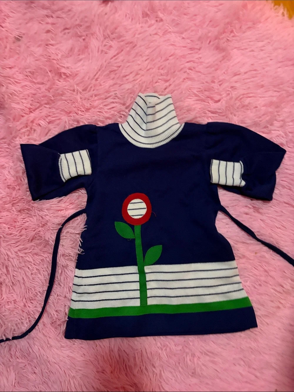 Kids Navy Blue Striped Turtleneck Tunic with Flower Appliqué